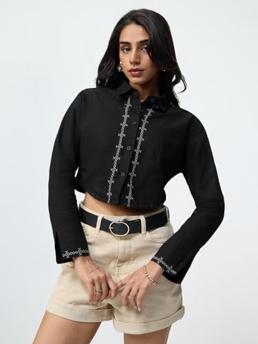 The Souled Store Dark Mystery Women and Girls Long Sleeve Spread Collar Black Embroidered Cotton Linen Oversized Fit Breathable Lightweight Everyday Cropped Shirt
