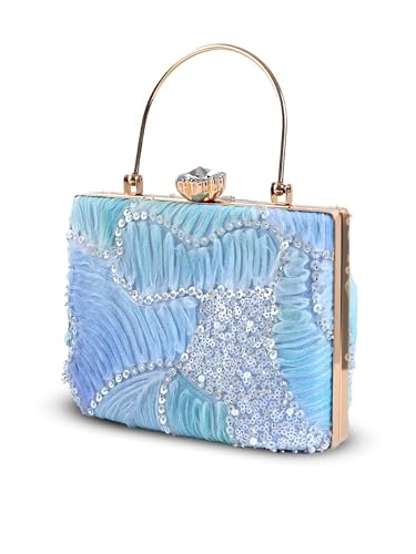 THE TAN CLAN Women's Blue Sequin Beaded Box Clutch Purse | Bridal Wedding Party Evening Handbag | Stylish Ethnic Crossbody Bag with Gold Chain Strap and Metal Handle for Women