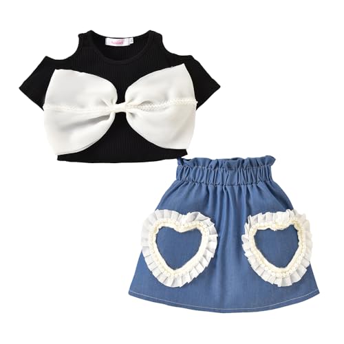 Hopscotch Girls Cold-Shoulder Sleeves Black 2-Pc Oversized Bow Blouse & Skirt (12-24 Months)