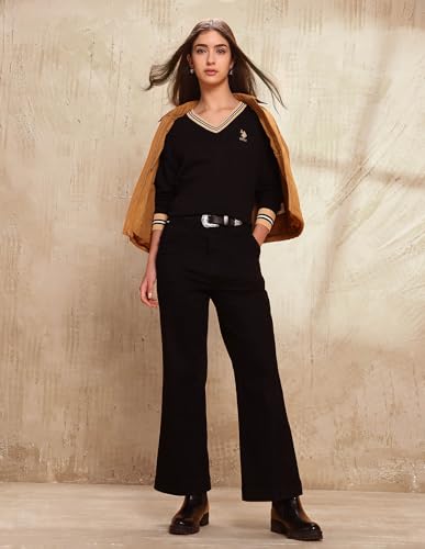 U.S. POLO ASSN. Women High Rise Wide Leg Fit Jeans (UWAW25JEN368_Jet Black_32)