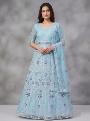 JULEE Women's Net Embroidered Semi-Stitched Gown Kriti Gown Firozi-GEM