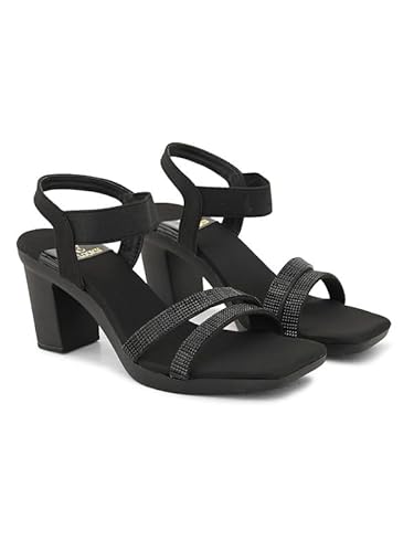 XE Looks Black Women’s Trendy Block Heel Sandals | Embellished Double Strap Ankle Strap Heels with Cushioned Footbed | Party & Casual Occasion | For Women & Girls