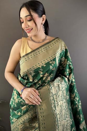 SGF11 Women's Kanjivaram Soft Silk Handloom Saree Golden Zari With Blouse Piece (Green)