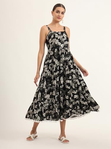 Divena Black Floral Print Pure Cotton Fit & Flare Dress