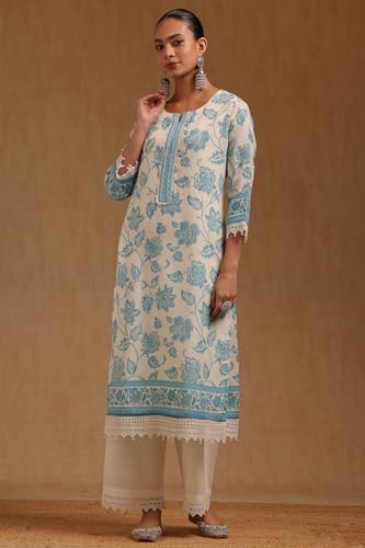 Soch Womens Off White Linen Botanical Printed Salwar Suit With Beads