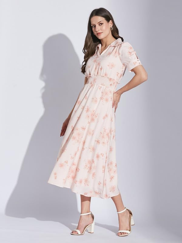 Latin Quarters Women Pink Shirt Collar Half Sleeve Floral Dress_L