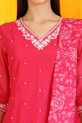 W for Woman Pink Embroidered Chanderi Panelled Kurta, Cropped Pants and Dupatta Set (Size: L)-WS12729-223576