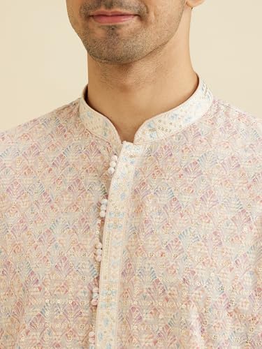 Manyavar Men's Cotton Blend Digital Print|Embroidery Kurta Set (Pink,S)