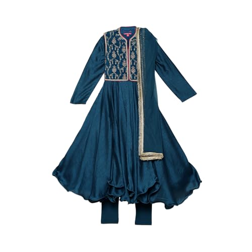 Biba Girl's Teal Polyester Blend Anarkali Suit Set