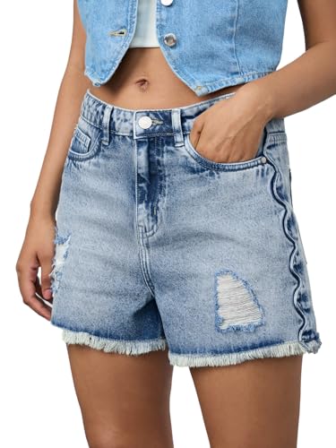 The Souled Store Denim Shorts: Cube Women and Girls Buttoned Blue Solid Cotton Denim Shorts