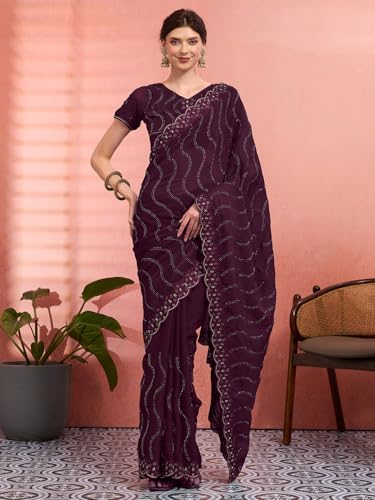 AKHILAM Women's Wine Tissue Geometric Printed Saree With Unstitched Blouse Piece (KRIYNS4905_KH)