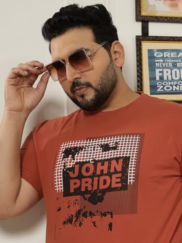 JOHN PRIDE Plus Size Men Regular Fit Printed Short Sleeves Rust Round Neck Stretchable T-Shirt (JPTSR32445_7XL_Rust)