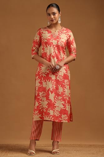 Soch Womens Peach Chanderi Floral Salwar Suit With Beads