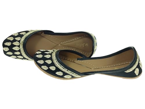 Fulkari Women's Dawka Patti Black Gold Soft Leather Embroidered Jutis | Bite and Pinch Free Jutti | Punjabi Formal Juttis | Girl's Wedding Flat Ladies Mojari | Formal Ethnic Juti | 42