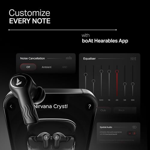 boAt New Launch Nirvana Crystl, Transparent Case,Spatial Audio, ANC(~32dB), 100Hrs Battery,4Mics ENx, Dual Pair,App Support, Bluetooth Earbuds, TWS Ear Buds Wireless Earphones with mic (Quantum Black)