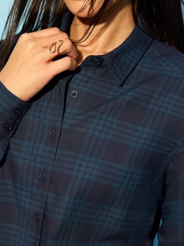 The Souled Store Plaid Shirt: Blue Diamond Women and Girls Full-Length Sleeves Collared Navy Blue Geometric Print Cotton Regular Fit Breathable Lightweight Everyday All-Season Shirt