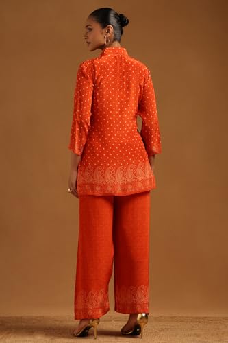 Soch Womens Orange Crepe Bandhani Printed Co-Ords Set