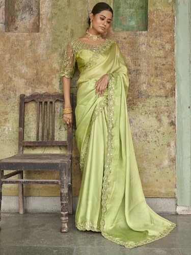 Zeel Clothing Women's Lime Green Embellished Embroidered Satin Saree with Blouse (ZURI-1106-Lime-Green-Sarees-For-Womens, Lime Green)