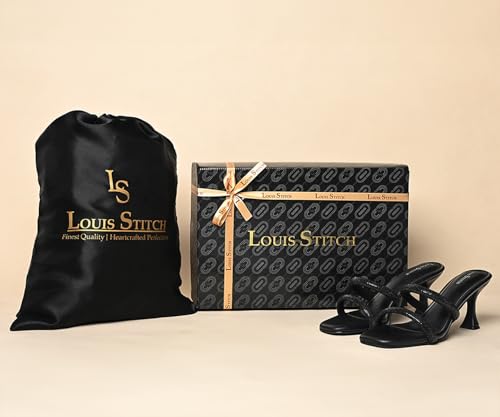 LOUIS STITCH Women's Fashion Slip-On Pointed Heel Sandals | Open Toe Black Stylish Stiletto Heel Sandal for Ladies, Fashionable and Comfortable Sandal |LSOF-LDPH-GLDSJB | (UK-8)