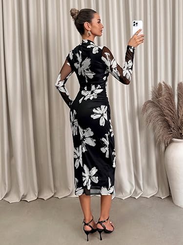 FASHION YARI Women's Summer Mesh Sheer Long Sleeve Midi Ruched Bodycon Dress Mock Neck Elegant Evening Party Cocktail Dresses Black