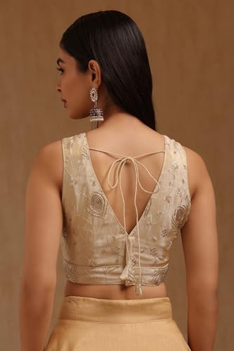 Soch Womens Light Gold Tissue Embroidered Padded Blouse with Sequins