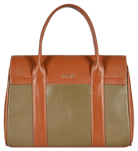 eske Noah Flap Handbag for Women Genuine Leather Satchel with Twist Lock Closure Dual Handles Detachable Sling Strap 1 Compartment Zipper and Slip Pockets Office Purse (Taupe Cognac)