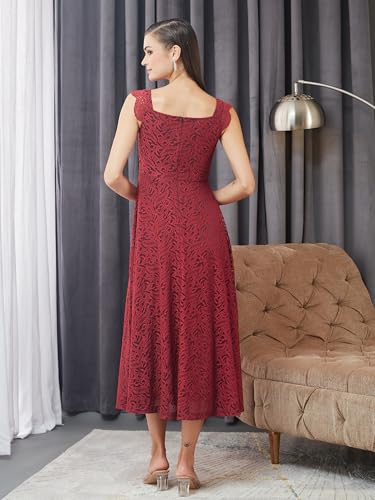 Miss Chase Womens Square Neck Sleeveless Self-Designed Ruffled Midi Lace Dress (MCAW25D86-11-143-02, Maroon, XS)