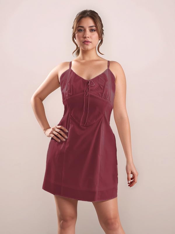 Zink London Maroon Plain Sleeveless Short Dress