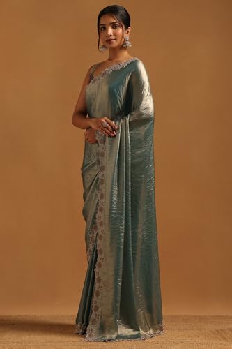Soch Womens Light Teal Fendy Organza Saree With Swarovski Stone
