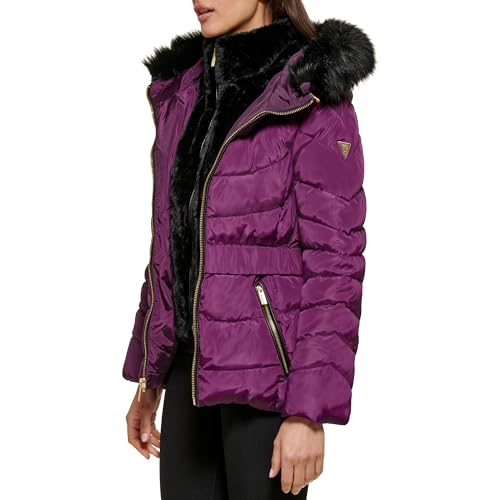 GUESS Women's Puffer Hooded Cold Weather Coat, Fur Lined Eggplant, M