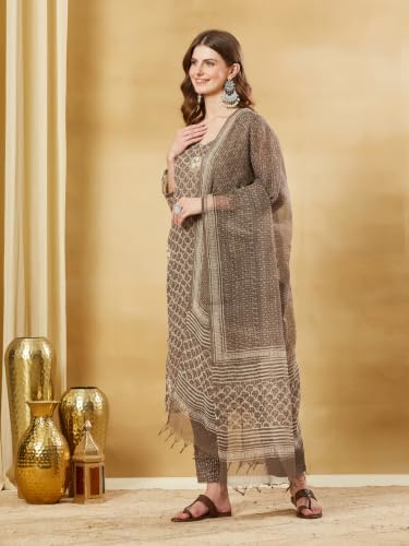 Divena Brown Kota Doria Round Neck Kurta Set with Dupatta
