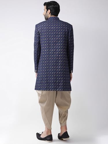 KISAH Men Navy Blue Printed Cotton Sherwani Set, Full Sleaves, Knee Length, Straight, Regular Fit, Mandarin Collar Ethnic wear