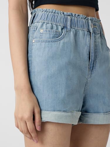 The Souled Store Denim Shorts: Stone Women and Girls Buttoned Solid Cotton Above The Knee Denim Shorts