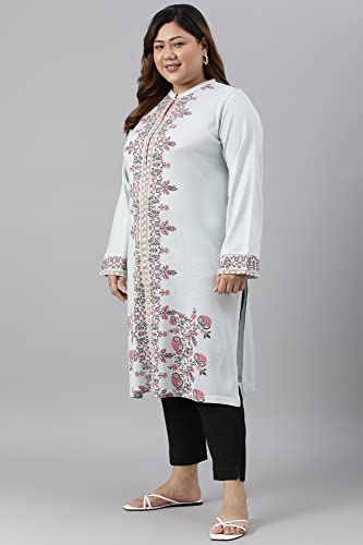 W for Women Blue Acrylic Printed Plus Size Winter Kurta_22NOW18539G-119395P_4XL