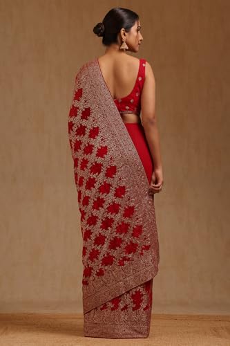 Soch Womens Fuchsia Georgette Embroidered Saree With Zari