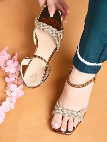 XE Looks Women's Copper Block Heel Sandals | Braided Strap Design with Glossy Finish | Elegant & Trendy Sandals With Ankle Strap | Comfortable & Stylish Block Heels For Girls & Women