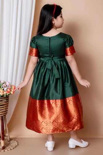 DRIJHA South Indian Style Girls Frock Festive Special Frock Khan Saree Dress Saree Silk Fabric Dress for Girls Khan Gown for Ganpati Festival Silk Frock. (in, Age, 4 Years, 5 Years, Green)