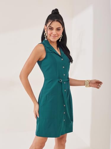 Latin Quarters Women's Teal Solid Sleeveless Collar Neck Casual Shirt Dress_S