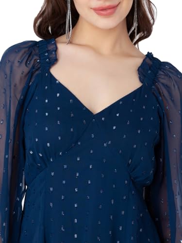 Zink London Women's Blue Self Design A-Line Short Dress