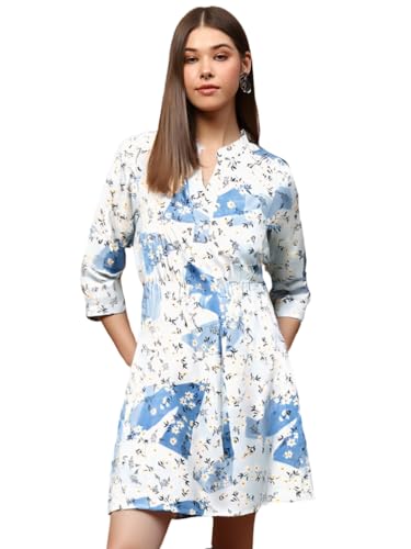 Sera Classics White Floral Print Mandarin Collar A-Line Mini Dress