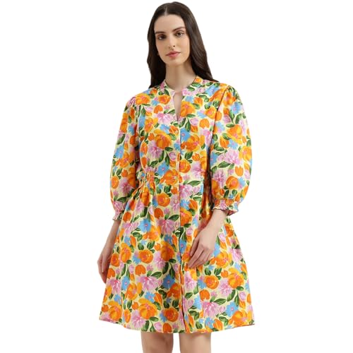 United Colors of Benetton Regular Fit Mandarin Collar Floral Dress (Size: L) - 26P4WVNDR324I904 Multicolor