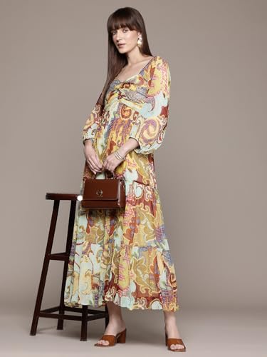 Label RITU KUMAR Ecru Multi Francis Sweetheart Neck Long Dress