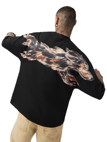 The Souled Store Pets On Prints: Wild Heart Men and Boys Short Sleeve Round Neck Black Graphic Printed Casual Lightweight Drop Shoulder Streetwear Trendy Super Oversized T-Shirt