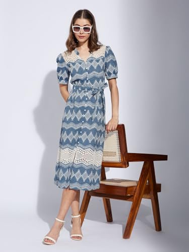 Latin Quarters Women's Blue V-Neck Half Sleeves Embroidery Casual Shirt Dress_XL