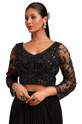 Soch Womens Black Nylon Blend Solid Ready To Wear Saree With Sequins