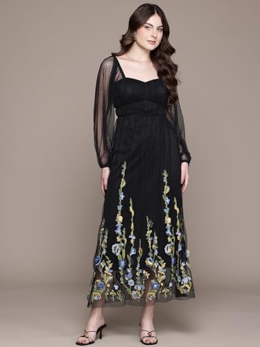 Label RITU KUMAR Black Eden Sweetheart Neck Full Sleeves Long Dress