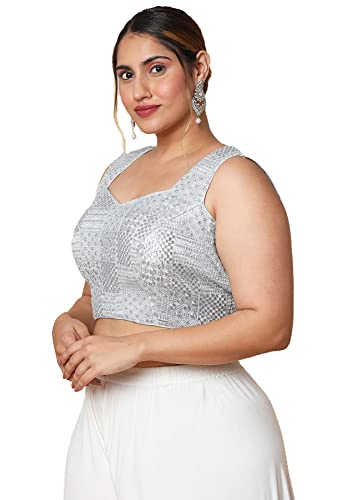 S SALWAR STUDIO Women's Silver Silk Blend Readymade Saree Blouse-PLSSB00044-SLVR