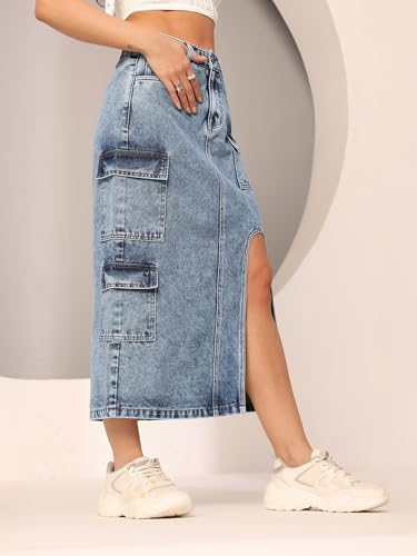 Dolce Crudo Women's Flared High-Rise Stretchable Denim Maxi Skirt (DOSS24DEN79-05-329-38, Steel Blue, 3XL)