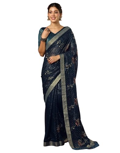 SIRIL Women's Embroidered & Stone Work Georgette Saree With Unstitched Blouse Pieces (4397S3142-Blue)