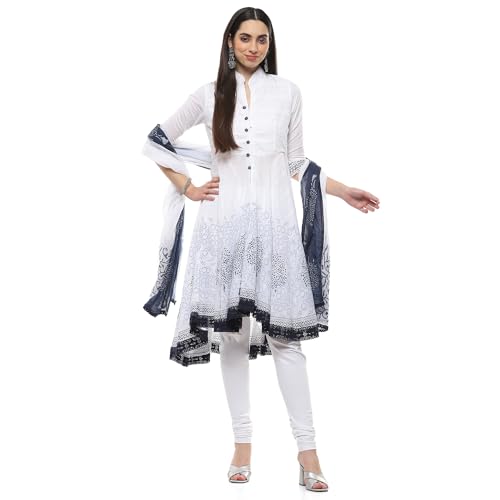 BIBA WOMEN SOLID FITTED SALWAR KURTA DUPATTA(SKDASSORTED2802_WHITE/BLUE_36)